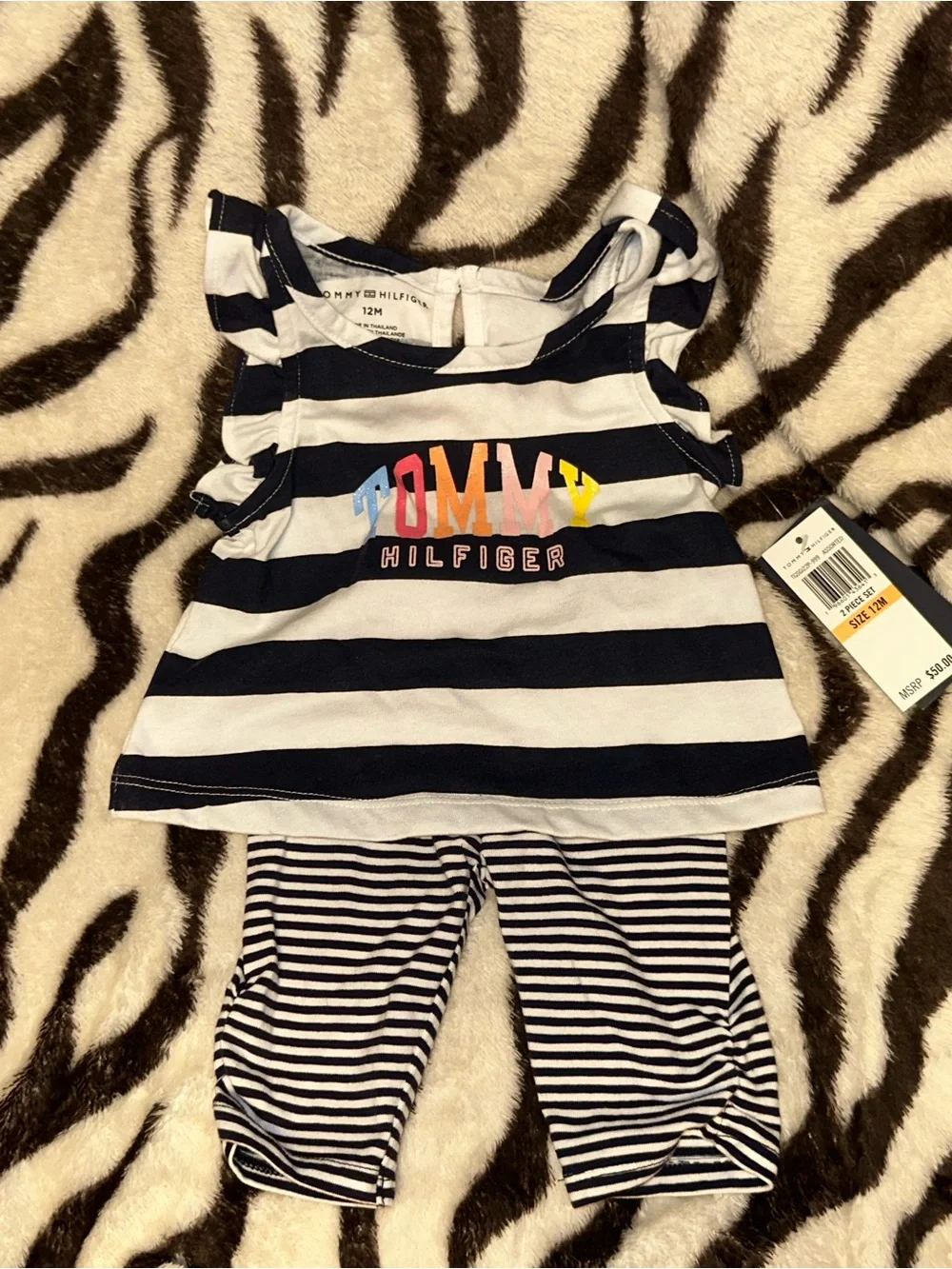 NWT Tommy Hilfiger Navy and White Striped Girls Matching Set with Rainbow Logo